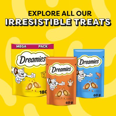 Three Dreamies packs: yellow Mega Pack, 180g, orange, 60g, blue, 60g. Text above: Explore all our irresistible treats.